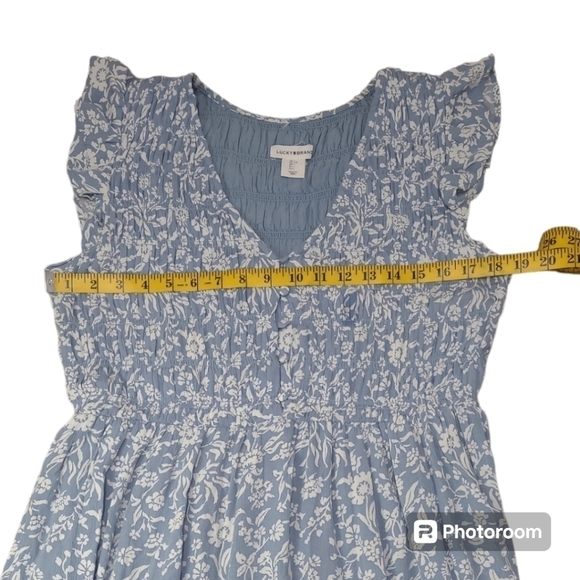 Lucky Brand Ruffle Sleeve V-neck Smocked Bodice Midi Dress Size Large - Picture 6 of 12